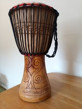 Djembe drum 9 inch diam. and 18 inch tall, carved wood, full description below