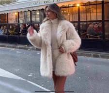 ZARA NEW WOMAN FAUX FUR COAT Fluffy Mid-length Jacket ECRU White Size L 6318/242