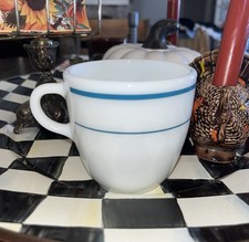 PYREX Tableware Teal Stripe Band Glass Coffee Cup Mug 723 Cafeteria Mess Hall