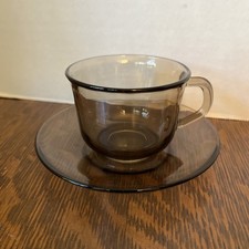 Arcoroc France Smokey Glass Tea Coffee Cup Saucer Tempered Glass Vintage 70s 80s