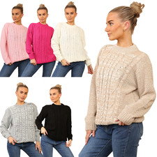 WOMENS CABLE KNIT JUMPERS LADIES LONG SLEEVES CREW NECK OVERSIZE VINTAGE SWEATER