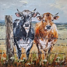 Cow Original Oil Painting, Cows in Field, Farm Animal Wall Art, Home Decor
