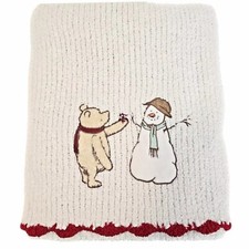Disney Classic Winnie the Pooh Chenille Baby Blanket Snowman White Red Trim HTF