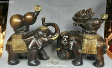 11" Bronze Gilt Fengshui Wealth Gourd Baicai Zodiac Year Elephant Animal Pair