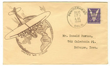 WWII Patriotic Cover 1944 “United We Stand” Airplane Over Globe – Powderhorn CO