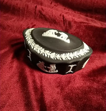 Vintage Wedgwood Black Jasperware Oval Lidded Trinket Pot Neo Classical Design