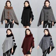 Women Faux Fur Shawl Thermal Loose Collar Cape Cloak Poncho Wrap Outerwear Shrug