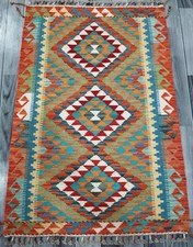 Multicolour Handmade Afghan Turkish Kilim Runner, Aztec Wool Rug, Size 124x84 CM