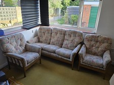 Vintage 3 Piece Suite, 3-Seater & 2 Arm-chairs. Solid Beech Frame, Excellent.