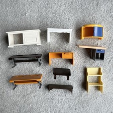 Bundle of Playmobil desks, tables, shelving pieces. Dollhouse Furniture