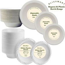 Disposable Party Bowls White Plastic & Strong Paper Bowls Bagasse small / Large