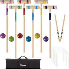 Six Player Croquet Set, 28’’ Croquet Set with Wooden Mallets/Colored Ball/Wicket