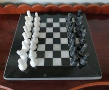 Vintage Hand Carved Black And White Marble Chess Set