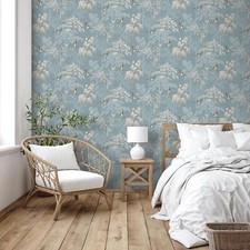 Oriental Bird Garden Wallpaper E100339AH Blue Japanese Trees Blossoms Birds WOW