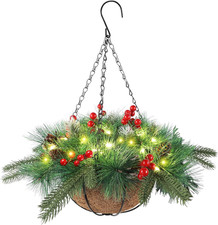 Pre-Lit Artificial Christmas Hanging Basket Outdoor Decoration with Pine Cones &