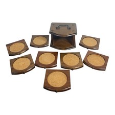Set 8 Vintage 1970's Wood Bar Drink Coasters w Cork in Chest of Drawers