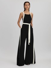 REISS Salma Contrast Trim Belted Jumpsuit in Black/White UK Size 8