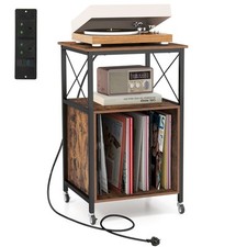 COSTWAY Record Player Stand Turntable Stand w/ Built-in Charging Station-Brown