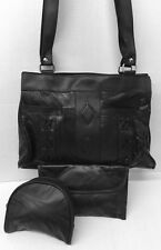 New Women Genuine leather shoulder bag + matching purse/wallet Double zip Black 
