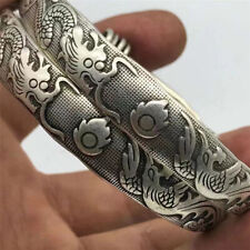 Rare 2 Pcs Old Miao Silver Carved Dragon Phoenix Men's Bracelet Jewelry Bangle