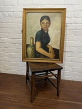Lrg Mid Century Oil On Canvas Female Girl Portrait  Antique Vintage Painting