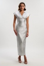 Karen Millen Foil Metallic Figure Form Angel Sleeve Knit Maxi Dress Size Large