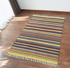 Multi Colour Kilim PET Outdoor Indoor Yelloe Blue Striped Rug 120 cm x 180 cm