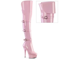 Pleaser USA DELIGHT-3018 Baby Pink Platform Triple Buckle Over The Knee Boot UK5