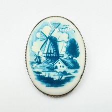 Vintage Delft Style Blue Enamel Brooch Pin Badge Lapel Dutch Holland Windmill