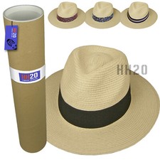 Straw Fedora Sun Hat - Panama Trilby Style Crushable Mens Ladies & Travel Tube
