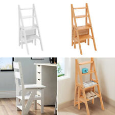 4 Steps Wooden Folding Ladder Chair Kitchen Library Stair Chair Flower Stand