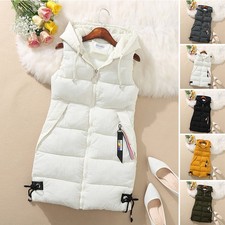 WOMENS LADIES LONG LINE HOODED PUFFER GILET JACKETS PADDED VEST TOPS BODY WARMER