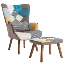 PATCHWORK CHAIR, ACCENT ARMCHAIR WITH OTTOMAN SINGLE SOFA CHAIR WITH FOOTSTOOL