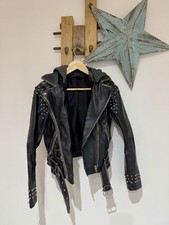 Zara Black Studded Faux Leather Detachable Hood Biker Coat Zip Jacket UK Size XS