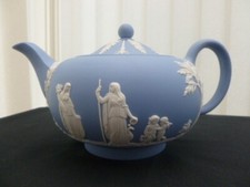 Wedgwood Tea Pot Jasper Ware White On Blue Glazed Inside Made In England
