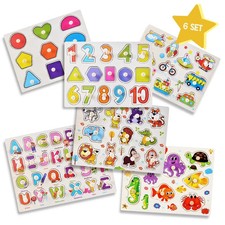 6 Pack Wooden Puzzle Baby Kids Toddler Jigsaw Letters Animal Learning Toy Gift