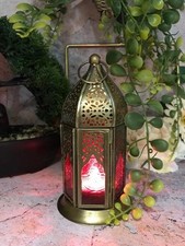 Moroccan Style Brass Lantern Antique Red Glass Tea Light Bohemian Candle Holder