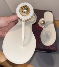 Tory Burch MELODY THONGS TPU Thongs Jelly Sandals White PEARL LOGO Sz 9 Worn 2x