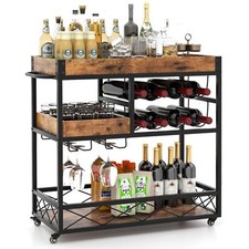 3-Tier Industrial Kitchen Serving Cart Rolling Bar Serving Trolley W/ Wine Rack