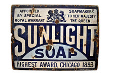 Antique Porcelain Sunlight Soap Enamel Sign 20x15" Royal Warrant 1893 Wolverhamp