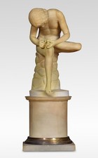 Alabaster Spinario Figure – Boy Pulling Thorn from Foot on Scagliola Pedestal