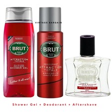 3 Pcs BRUT Men`s Attraction Totale Gift Set Shower Gel + Deodorant + Aftershave