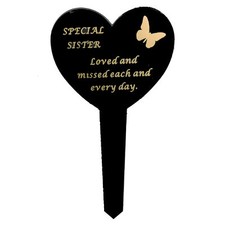 Black Plastic Heart Graveside Stake with Gold Wording - Sister