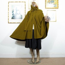 Vintage 1970s Olive Green Wool Cape – Minimalist Scarf Collar Cloak One Size Fit