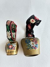 2 Miniature Swiss Cowl Bell Souvenirs - Adelboden / Flowers  3-4 Cm 