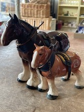 Two Brown Vintage Melba Ware England Ceramic Shire Horse With Leather Harness
