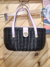 Braciano Black / Pink Bamboo Woven Travel / Picnic Basket Bag Tote 11x7x6