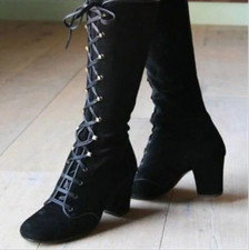 Women's Lace Up Booties Steampunk Knee High Boots Gothic Retro Block Heels Shoes