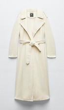 ZARA Cotton Long Trench Coat Belted Cream White size L Large 8197 734 RARE