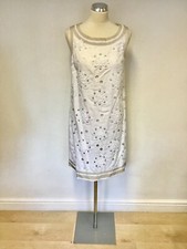 RENE DERHY WHITE & BEIGE TRIM EMBROIDERED & BEADED DETAIL LINEN DRESS SIZE L/14